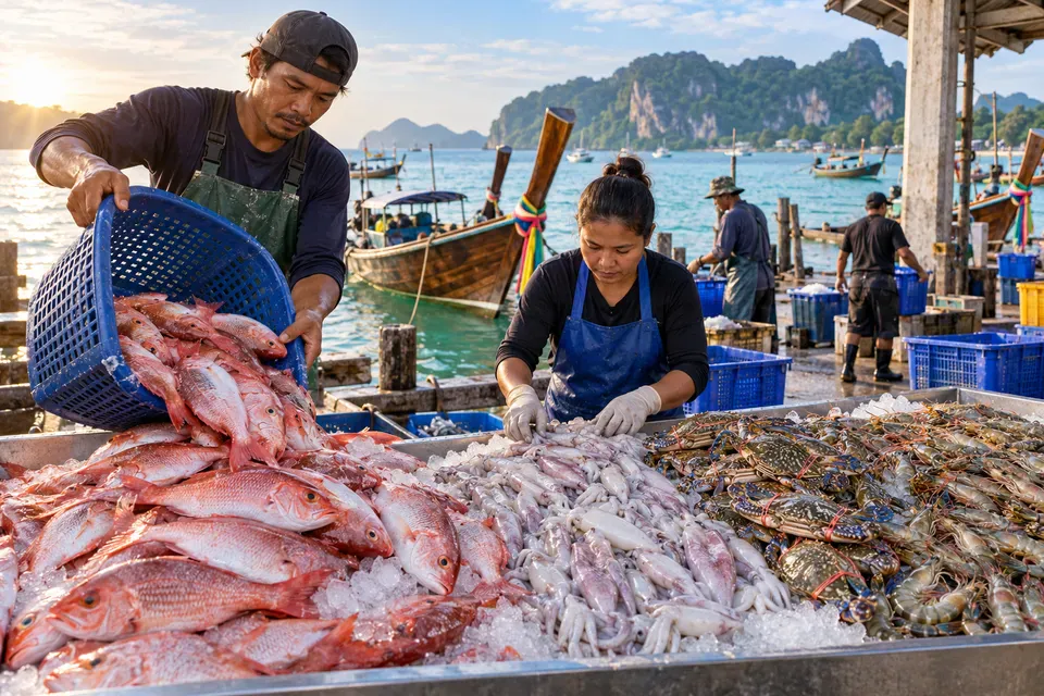 Phuket fishers unloading fresh seafood beside long-tail boats