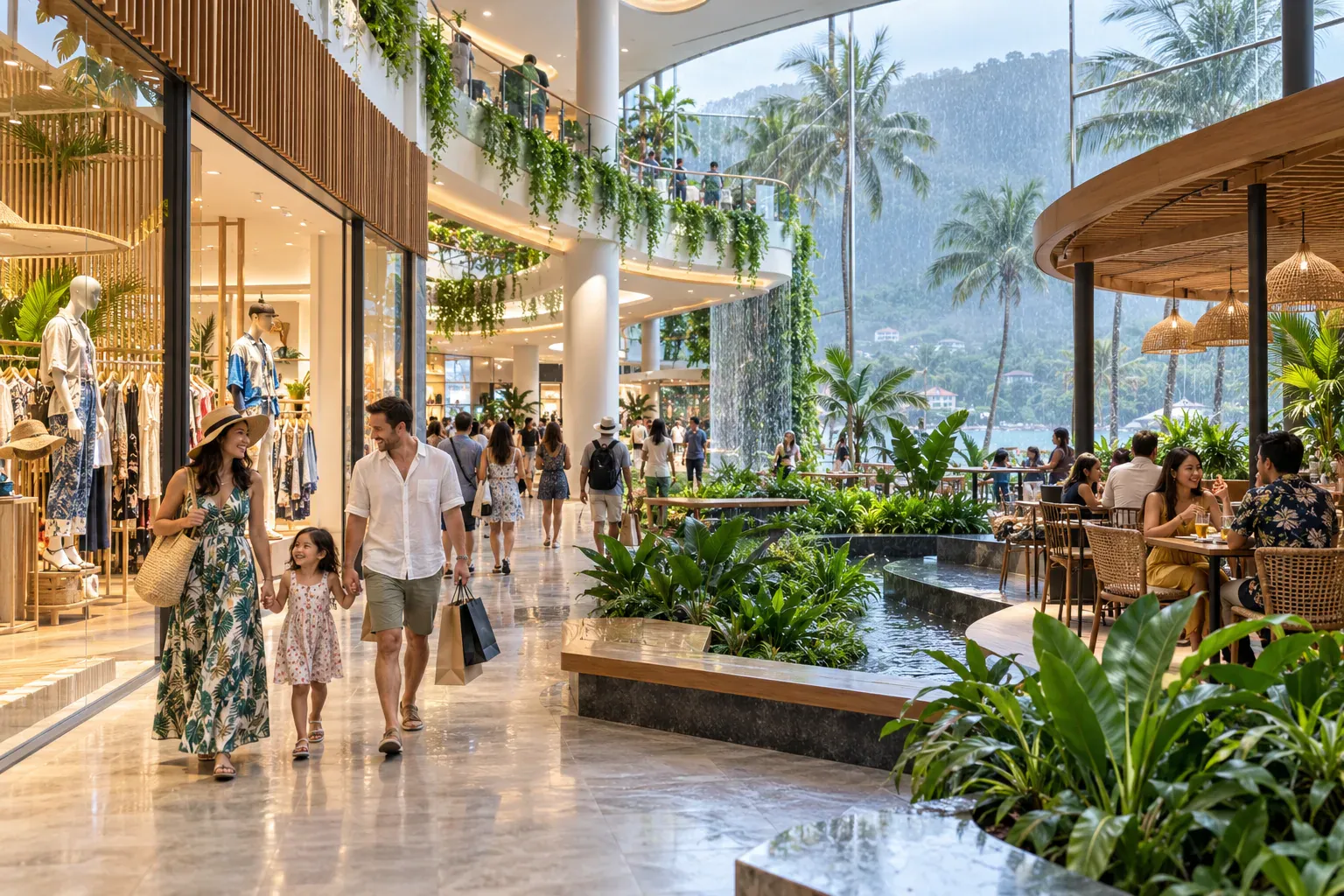 Airy Phuket shopping center atrium with dining, greenery, and families