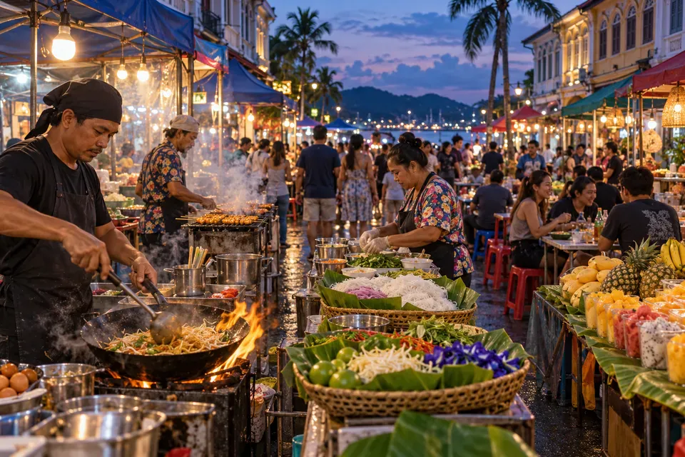 Phuket night-market vendors cooking noodles, satay, and local street food
