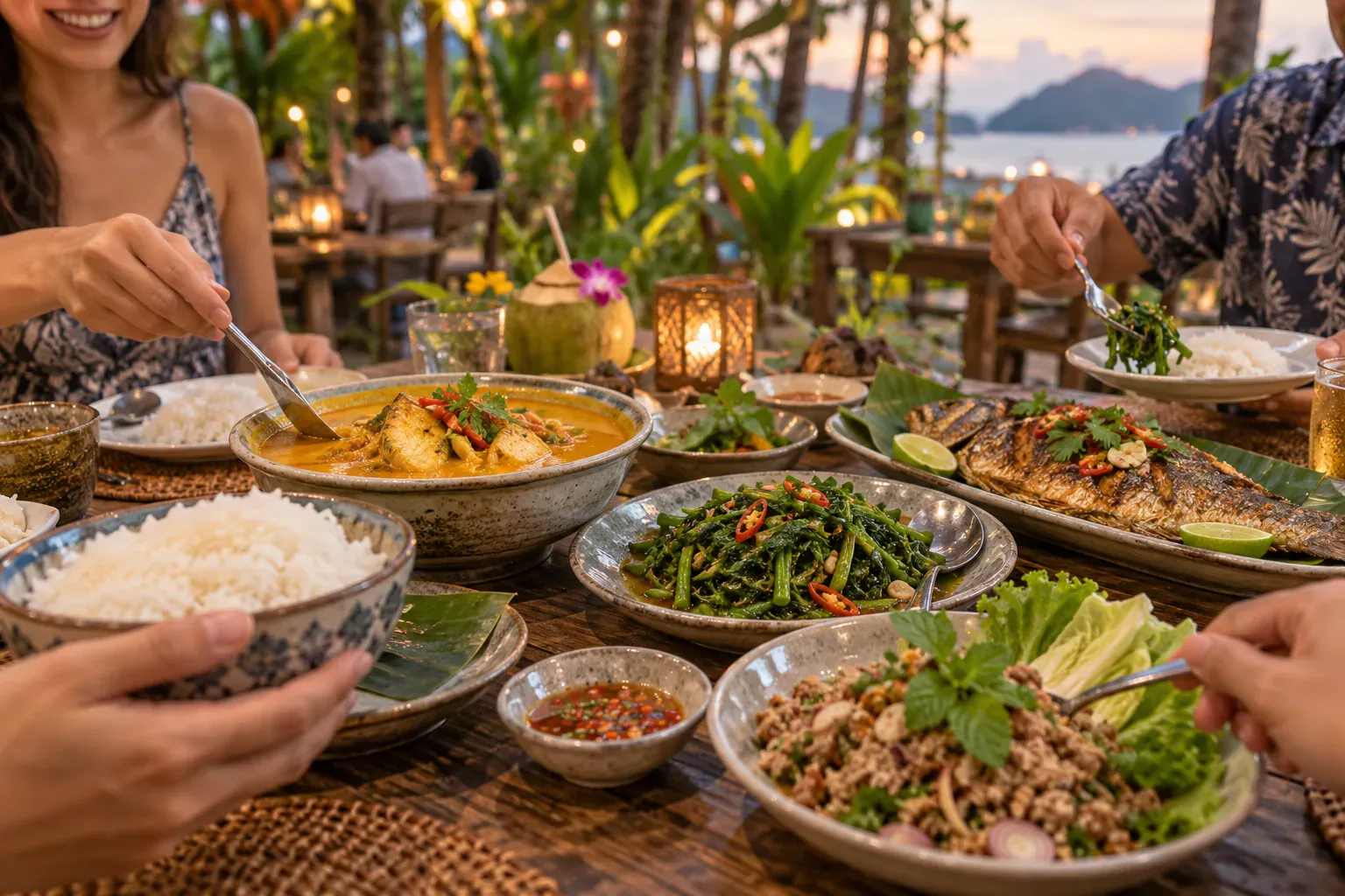 Family-style Thai meal with southern curry, fish, vegetables, and rice