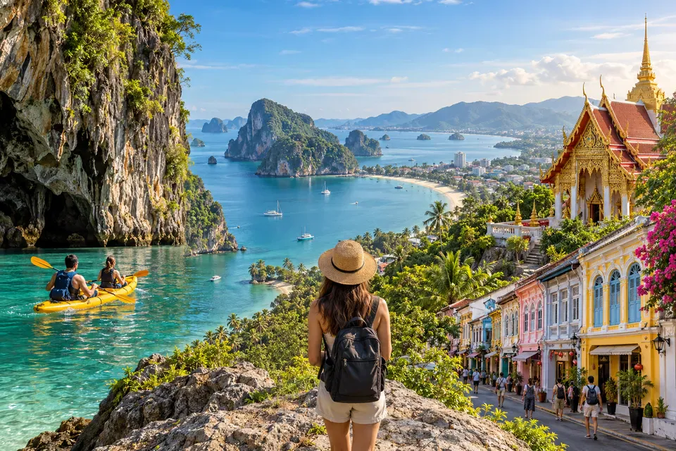 Phuket sea kayaking, temple roofs, Old Town, and coastal viewpoints