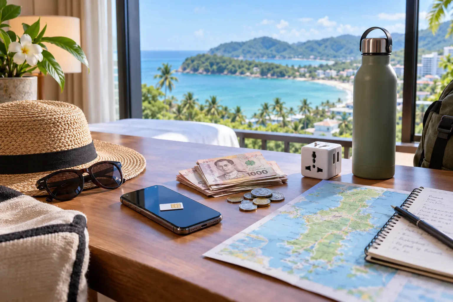 Phuket travel essentials including phone, baht, adapter, bottle, and map