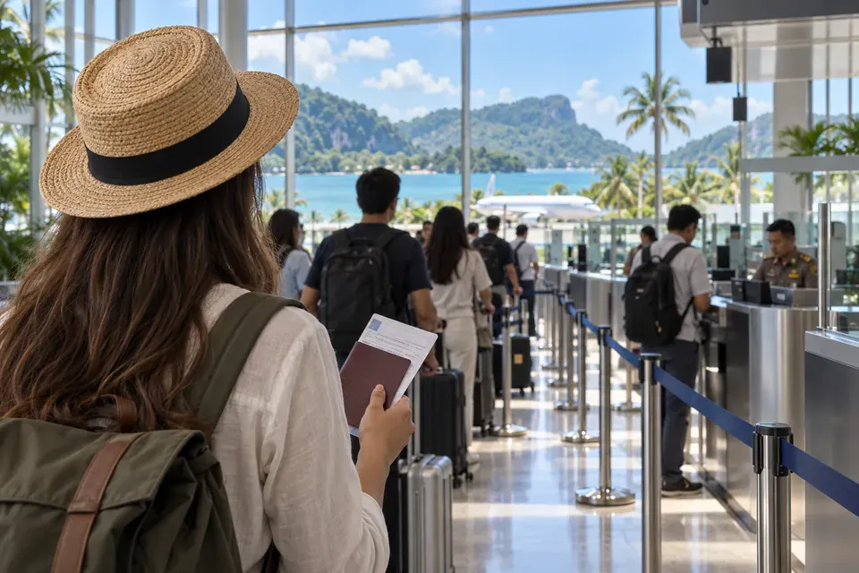 Traveler holding passport documents inside a bright Thailand airport terminal