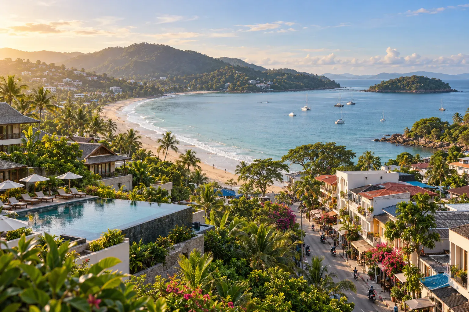 Phuket beachfront resort, local guesthouses, and a walkable coastal neighborhood