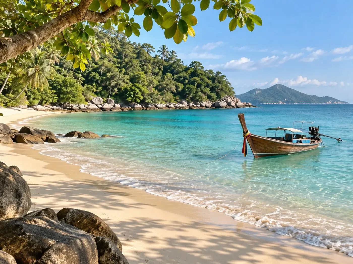 Quiet Phuket beach and long-tail boat