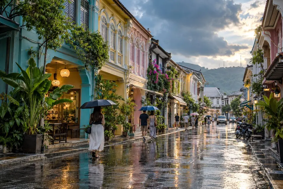Old Phuket Town street after tropical rain with umbrellas and wet pastel shophouses