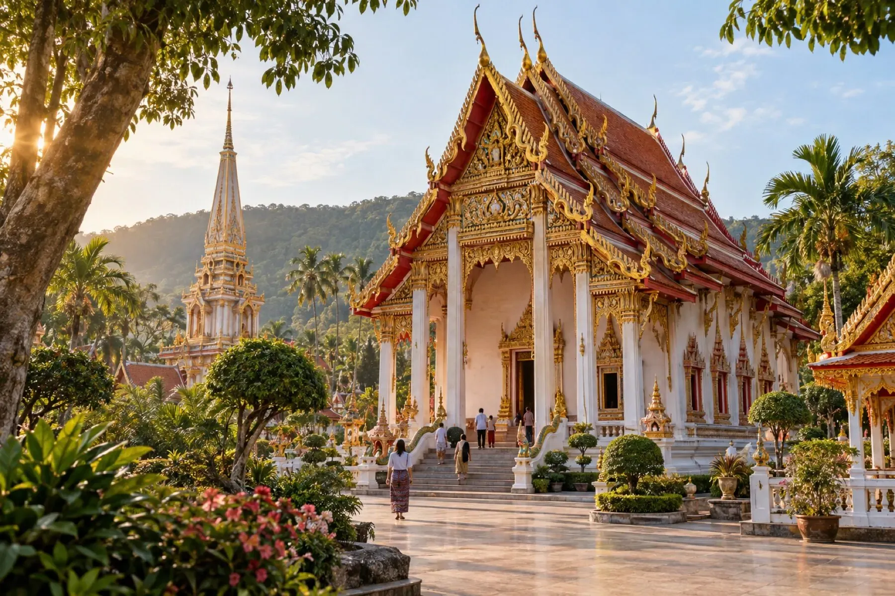 Ornate Thai temple buildings and tropical gardens at Wat Chalong in Phuket