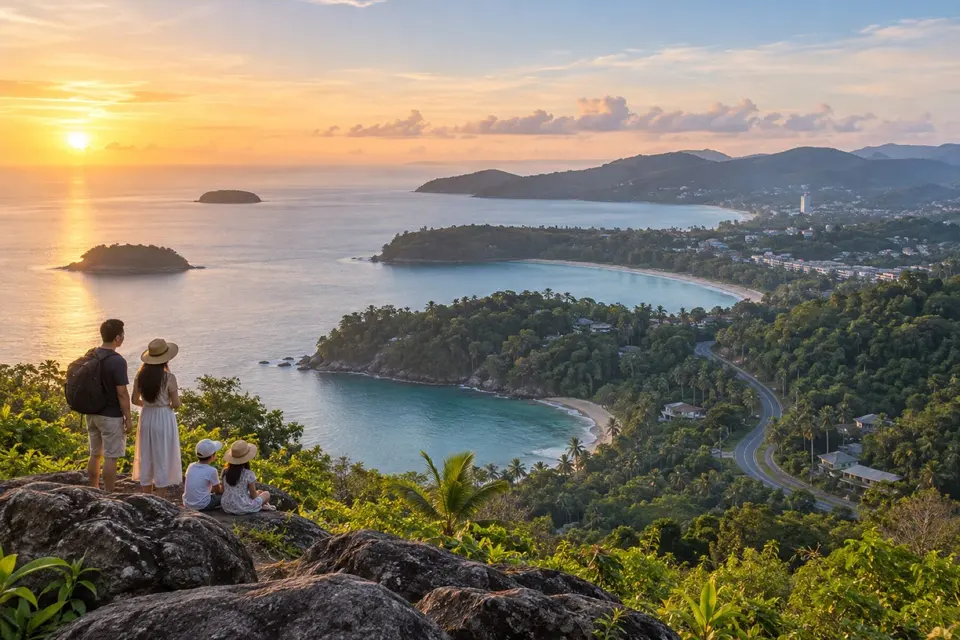 Travelers overlooking Phuket bays, green headlands, beaches, and a coastal road at sunrise