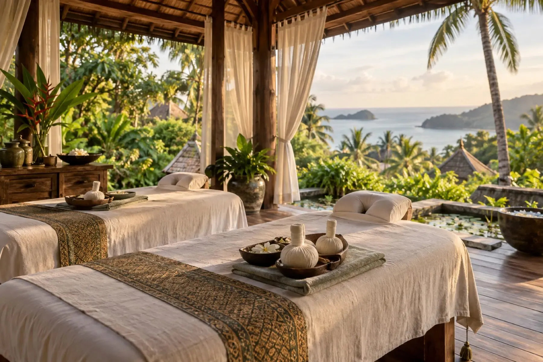 Open-air Thai wellness pavilion with herbal compresses and a Phuket coastal view